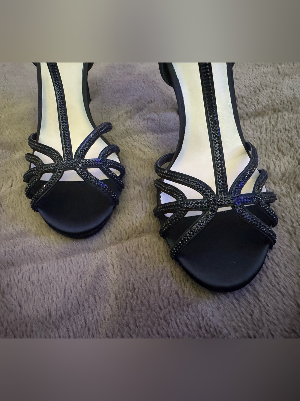 le chateau Brand New Sparkle Crystal Black Strappy T‑Bar Evening Satin Heels - Picture 5 of 15